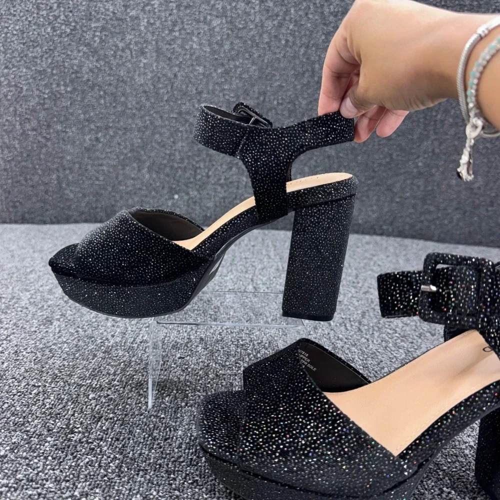 Torrid Platform Sandals Glitter Block Heel Womens 9.5WW Black dark aesthetic